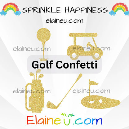 Gold glitter golf-themed confetti with 'Sprinkle Happiness' and 'Elaineéñ.com' branding on a white background.