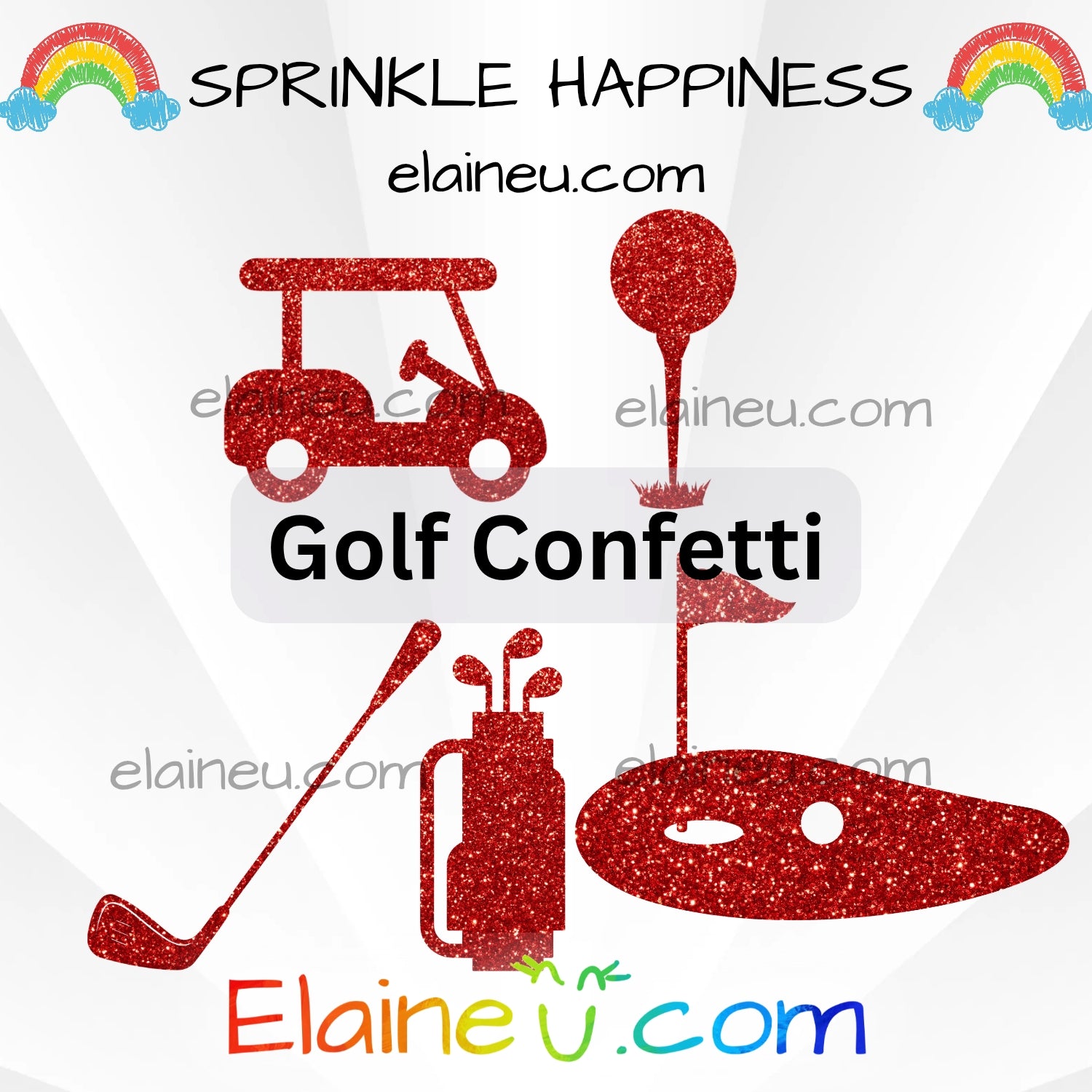 Golf confetti set featuring golf clubs in a bag, single club, golf cart, golf flag with hole and ball, and golf ball on a tee. Made from premium cardstock in green, gold, and white. Perfect for golf birthdays, retirements, or tournament parties. Contains small parts – keep out of reach of children. Sizes shown not to scale.