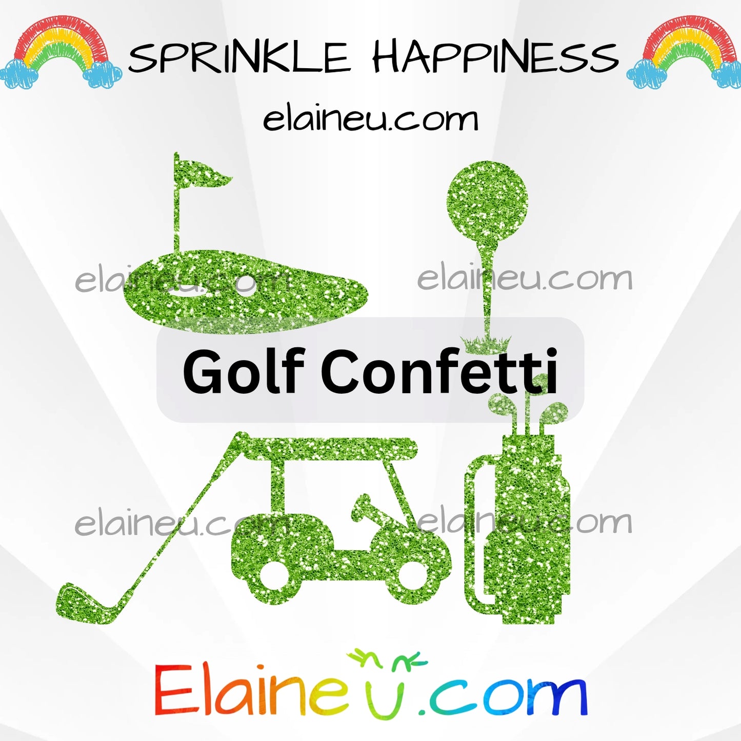 Golf-themed confetti with golf ball, club, cart, and flag on a white background with 'Sprinkle Happiness' text.