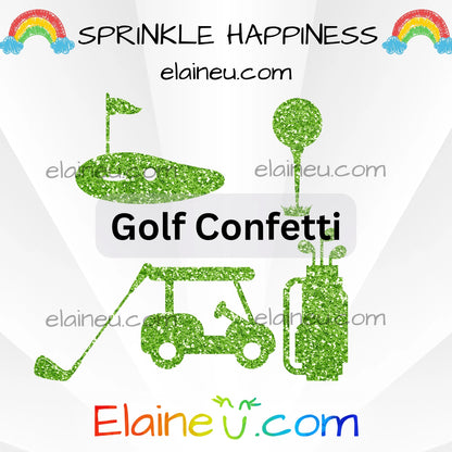 Golf-themed confetti with golf ball, club, cart, and flag on a white background with 'Sprinkle Happiness' text.