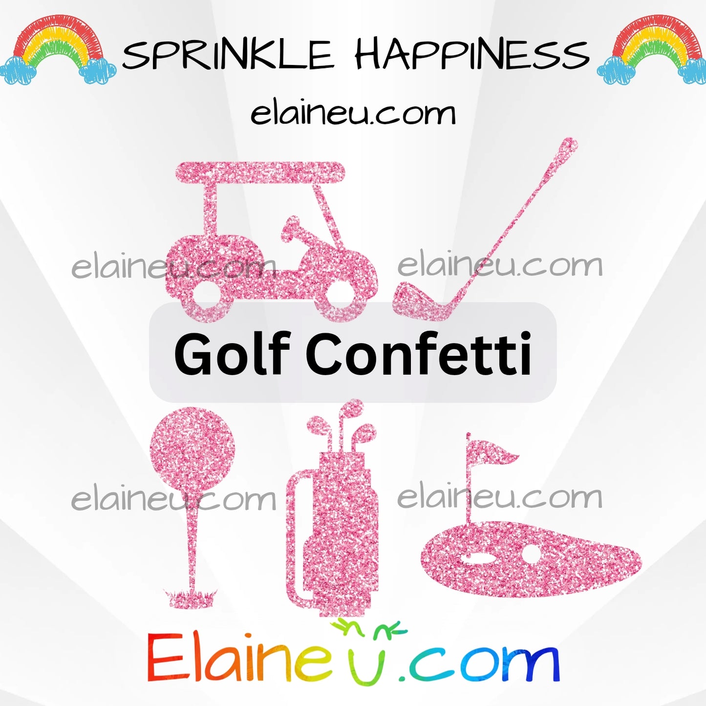 Pink golf-themed confetti with golf cart, clubs, and ball on a white background with 'Sprinkle Happiness' text and rainbow elements.