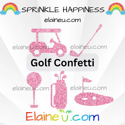 Pink golf-themed confetti with golf cart, clubs, and ball on a white background with 'Sprinkle Happiness' text and rainbow elements.
