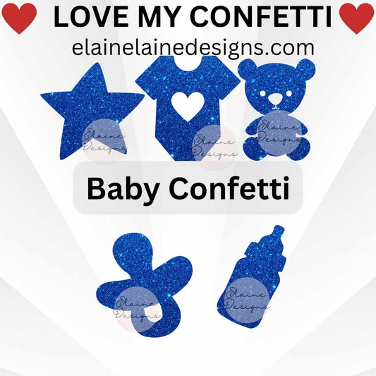 Baby confetti set featuring star, onesie with heart, teddy bear, pacifier, and baby bottle shapes. Cut from premium glitter cardstock, perfect for baby showers, gender reveals, birthday parties, invitations, scrapbooking, and DIY crafts. Sizes not to scale in images, please refer to size options.