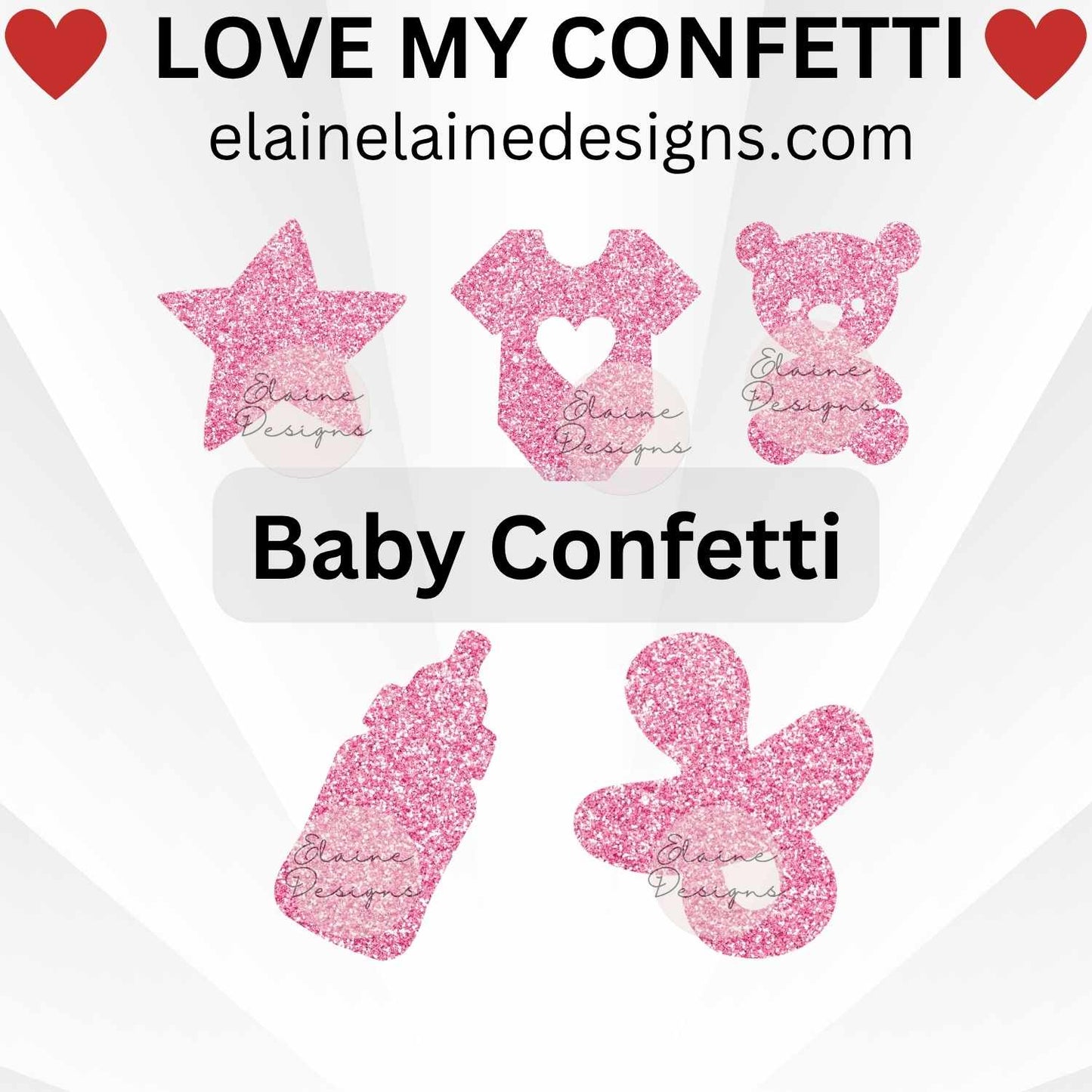Baby confetti set featuring star, onesie with heart, teddy bear, pacifier, and baby bottle shapes. Cut from premium glitter cardstock, perfect for baby showers, gender reveals, birthday parties, invitations, scrapbooking, and DIY crafts. Sizes not to scale in images, please refer to size options.