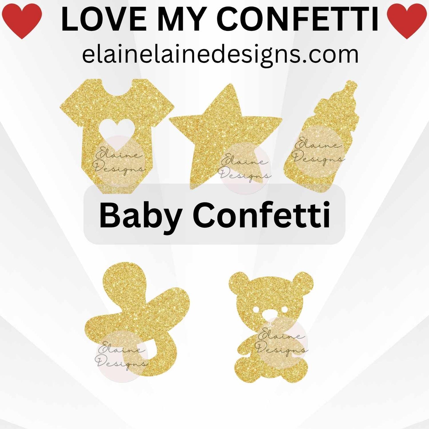 Baby confetti set featuring star, onesie with heart, teddy bear, pacifier, and baby bottle shapes. Cut from premium glitter cardstock, perfect for baby showers, gender reveals, birthday parties, invitations, scrapbooking, and DIY crafts. Sizes not to scale in images, please refer to size options.