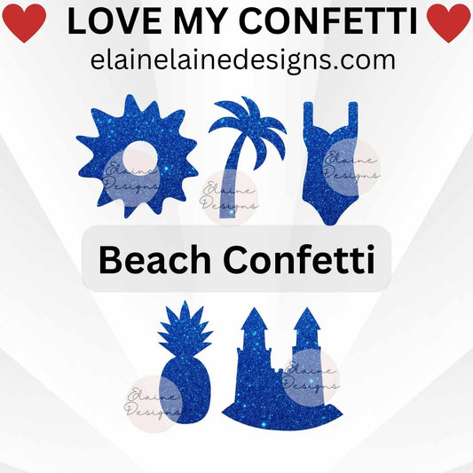 Beach confetti set featuring swimsuit, pineapple, palm trees, sunshine, and sandcastle shapes. Cut from glitter cardstock for tropical party décor, summer events, luau celebrations, destination weddings, invitations, or scrapbooking. Sizes shown in images are not to scale – refer to size options. Fun table scatter for beach-themed parties and DIY crafts.