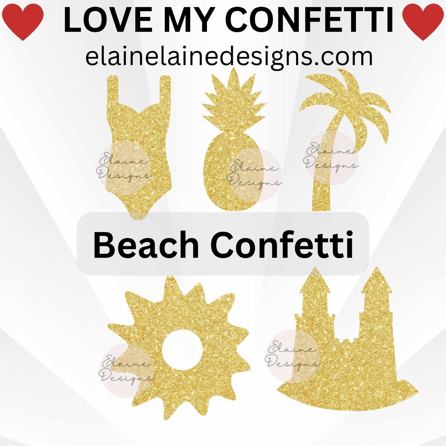 Beach confetti set featuring swimsuit, pineapple, palm trees, sunshine, and sandcastle shapes. Cut from glitter cardstock for tropical party décor, summer events, luau celebrations, destination weddings, invitations, or scrapbooking. Sizes shown in images are not to scale – refer to size options. Fun table scatter for beach-themed parties and DIY crafts.