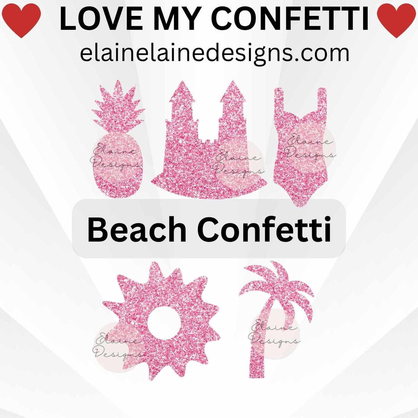 Beach confetti set featuring swimsuit, pineapple, palm trees, sunshine, and sandcastle shapes. Cut from glitter cardstock for tropical party décor, summer events, luau celebrations, destination weddings, invitations, or scrapbooking. Sizes shown in images are not to scale – refer to size options. Fun table scatter for beach-themed parties and DIY crafts.