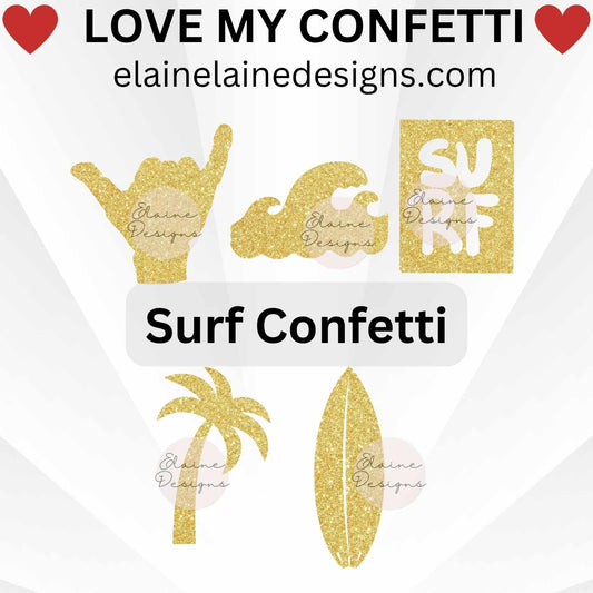 Surf confetti set featuring surfboard, wave, palm trees, hang ten, and the word surf. Made from glitter cardstock, perfect for luau parties, beach weddings, summer birthdays, or scrapbooking. Adds sparkle to tables, invitations, and DIY projects. Sizes in images not to scale – see size options.