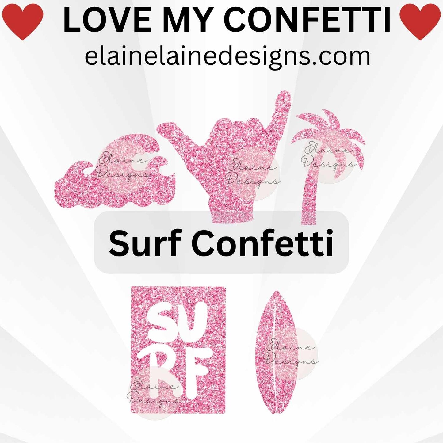 Surf confetti set featuring surfboard, wave, palm trees, hang ten, and the word surf. Made from glitter cardstock, perfect for luau parties, beach weddings, summer birthdays, or scrapbooking. Adds sparkle to tables, invitations, and DIY projects. Sizes in images not to scale – see size options.