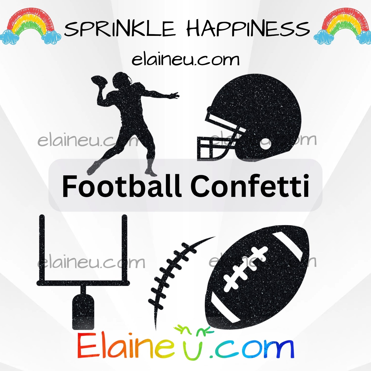 Black football-themed confetti silhouettes with 'Sprinkle Happiness' and 'Elaineéñ.com' branding on a white background.