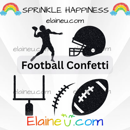 Black football-themed confetti silhouettes with 'Sprinkle Happiness' and 'Elaineéñ.com' branding on a white background.