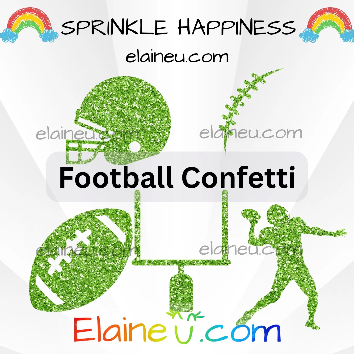 Football-themed confetti with green glittery silhouettes on a white background, featuring 'Sprinkle Happiness' and 'Elaineéu.com'.