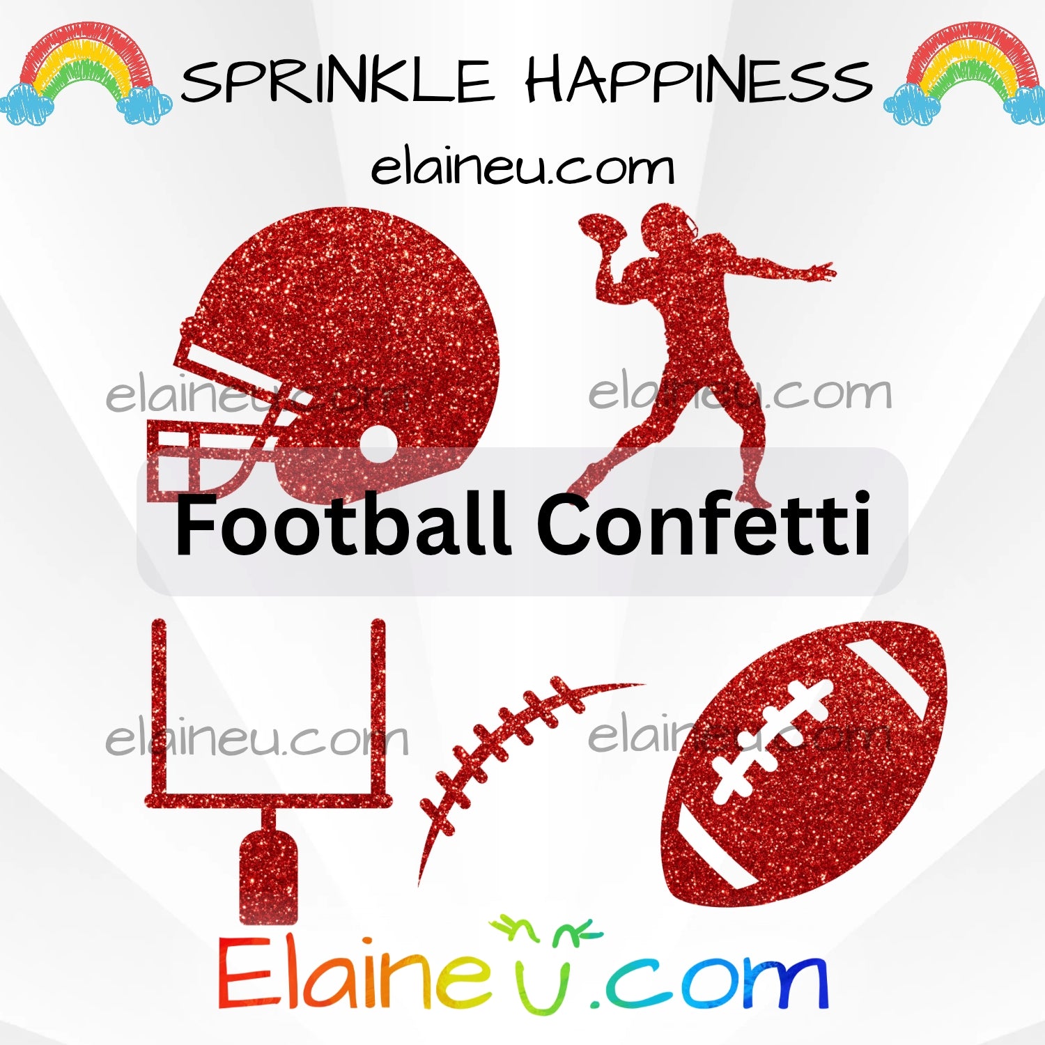 Football-themed confetti with red glittery icons on a white background, featuring 'Sprinkle Happiness' and 'Elaineéñ.com'.