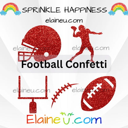 Football-themed confetti with red glittery icons on a white background, featuring 'Sprinkle Happiness' and 'Elaineéñ.com'.