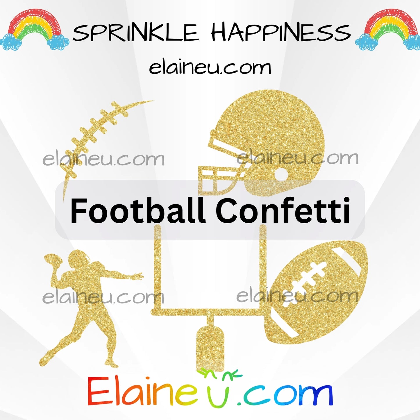 Gold glitter football confetti with player, helmet, and ball on a white background with rainbow elements.