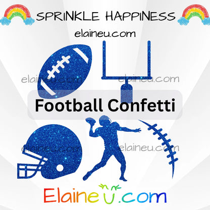 Blue football confetti with sports-themed elements on a white background, featuring 'Sprinkle Happiness' and 'Elaineéu.com'.