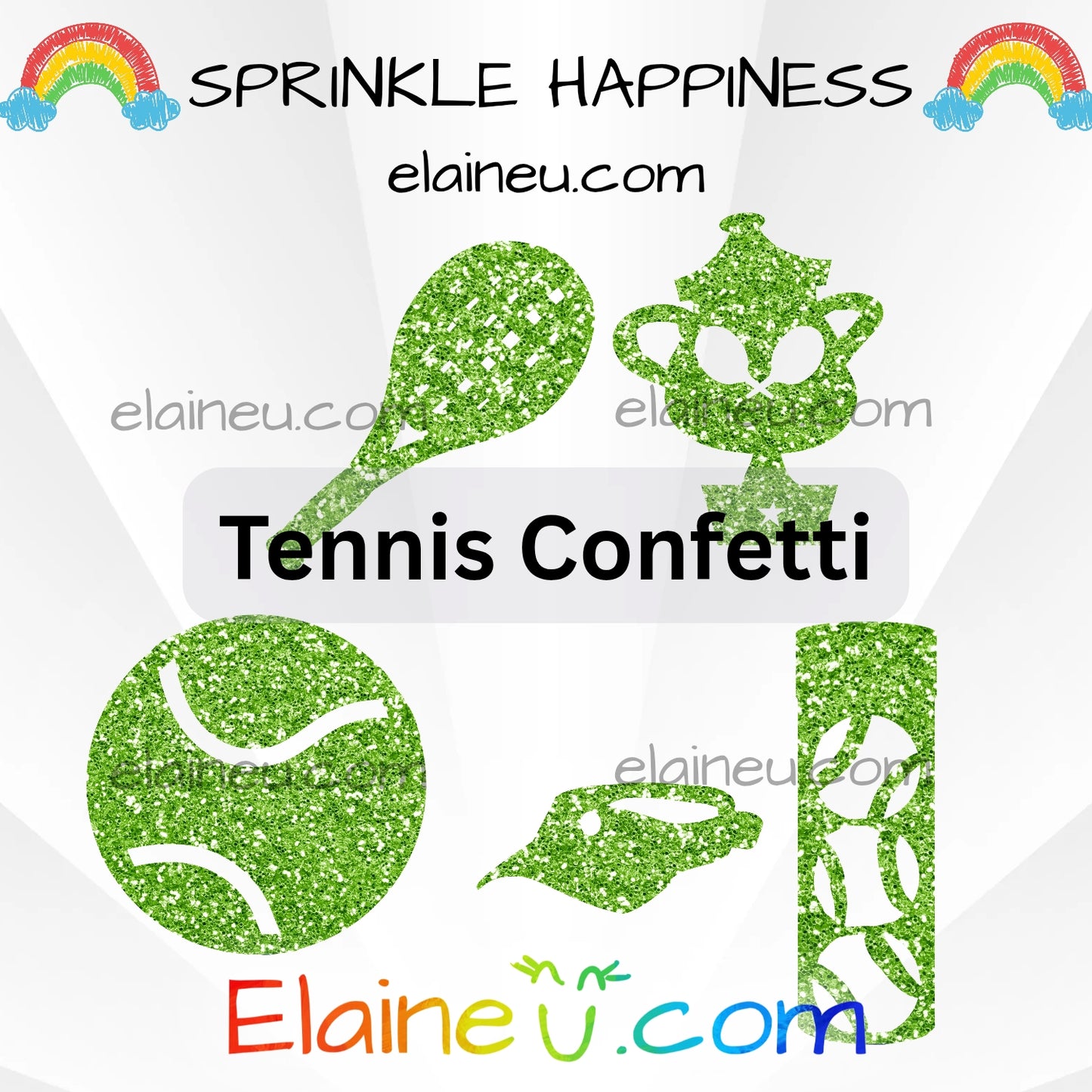 Green tennis-themed confetti with racket, ball, and trophy shapes on a white background with rainbow elements.