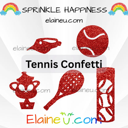 Red glittery tennis-themed confetti with 'Sprinkle Happiness' and 'Elaineéñ.com' branding on a white background.
