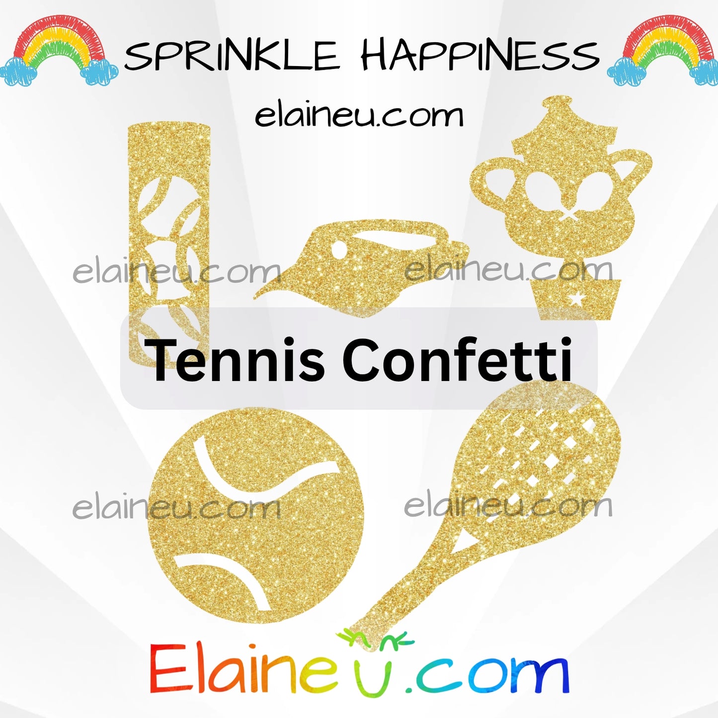 Gold glitter tennis-themed confetti with 'Sprinkle Happiness' text and Elaineéñ.com branding.