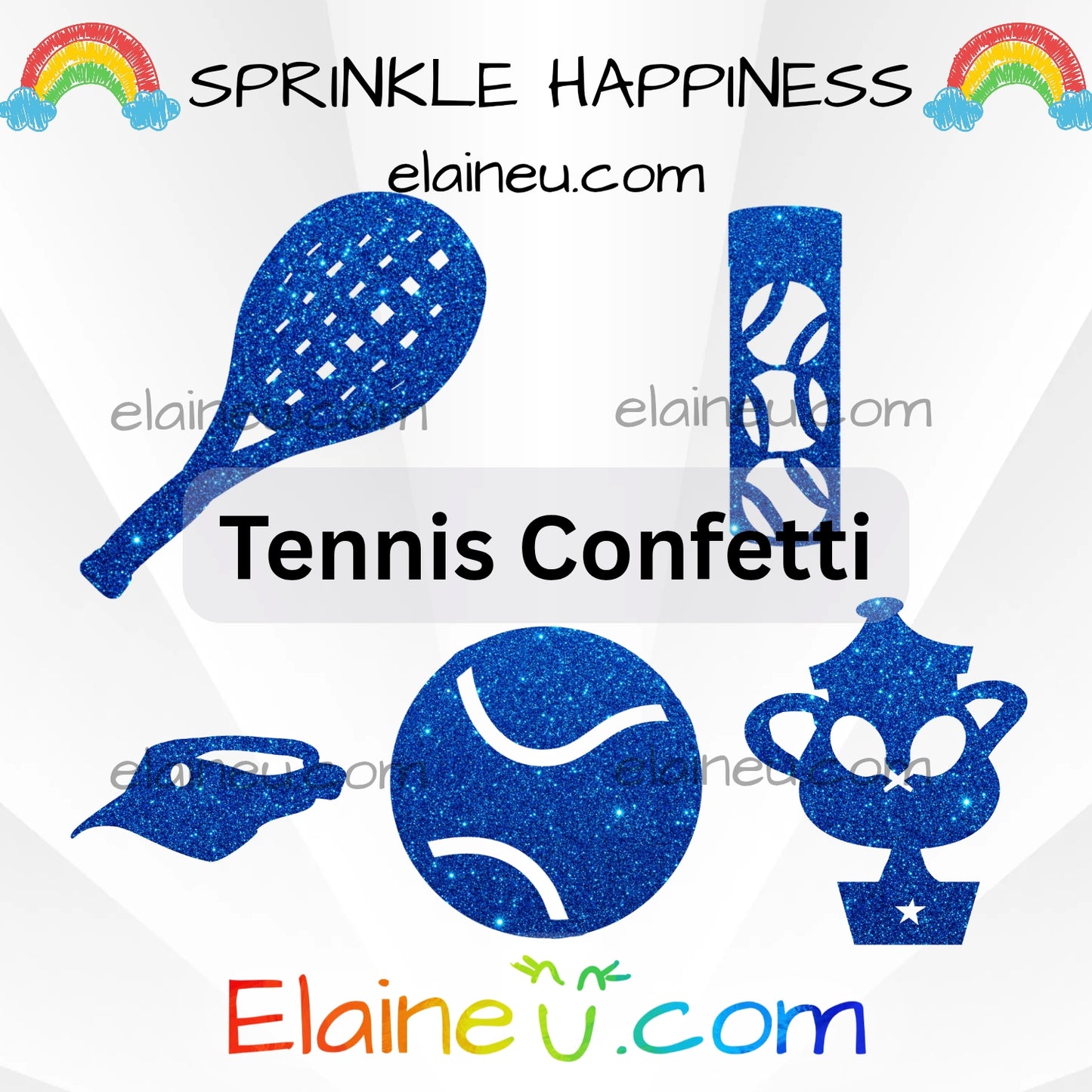 Tennis confetti featuring shapes of a visor, tennis ball, racket, trophy, and tennis ball container. Made from durable cardstock in green, gold, and white. Perfect for tennis birthdays, baby showers, bridal events, and sports parties. Contains small parts – keep out of reach of children. Sizes shown not to scale; each size refers to the longest edge.
