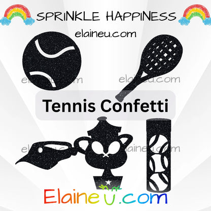 Tennis confetti featuring shapes of a visor, tennis ball, racket, trophy, and tennis ball container. Made from durable cardstock in green, gold, and white. Perfect for tennis birthdays, baby showers, bridal events, and sports parties. Contains small parts – keep out of reach of children. Sizes shown not to scale; each size refers to the longest edge.