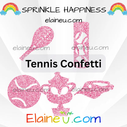 Pink tennis-themed confetti with 'Sprinkle Happiness' text and 'Elaineé.com' branding.