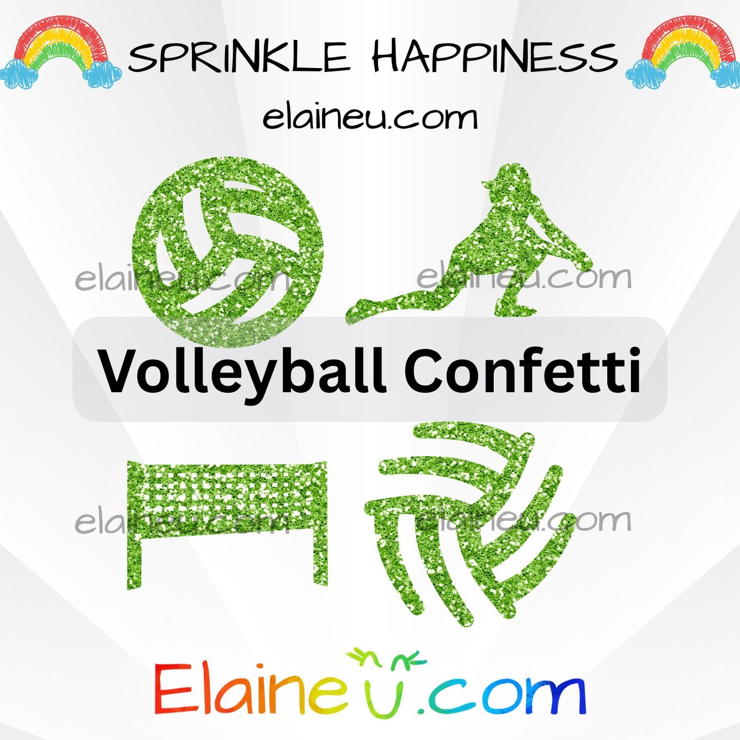 Volleyball confetti set featuring volleyball outlines, net, player silhouette, and ball line designs. Made from durable cardstock in white, gold, and team colors. Perfect for volleyball birthdays, tournaments, and sports parties. Contains small parts – keep out of reach of children. Sizes shown not to scale.