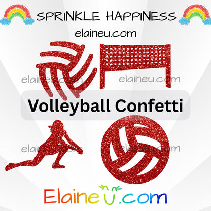 Volleyball-themed confetti with red glitter shapes on a white background, featuring 'Sprinkle Happiness' and 'Elaineéñ.com'.