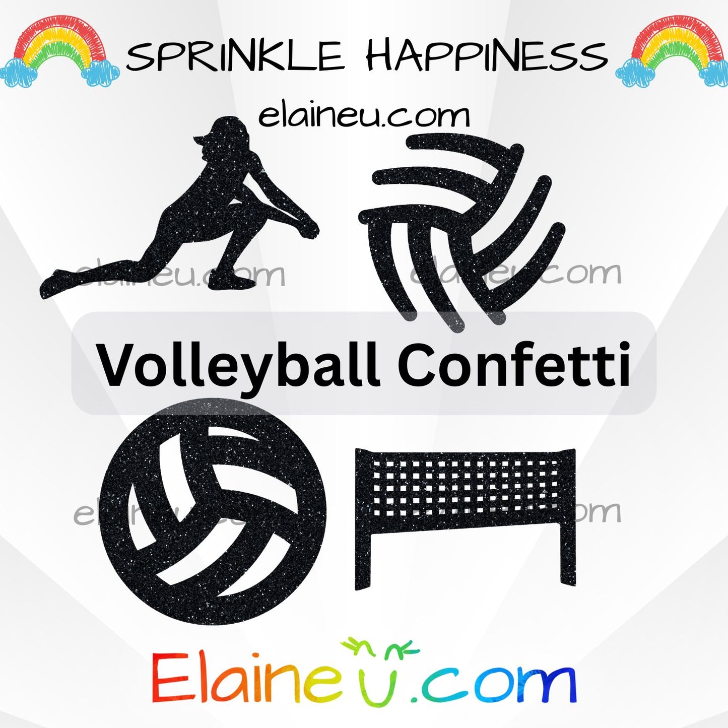 Volleyball-themed confetti cutouts with 'Sprinkle Happiness' and 'Elaineéu.com' branding.
