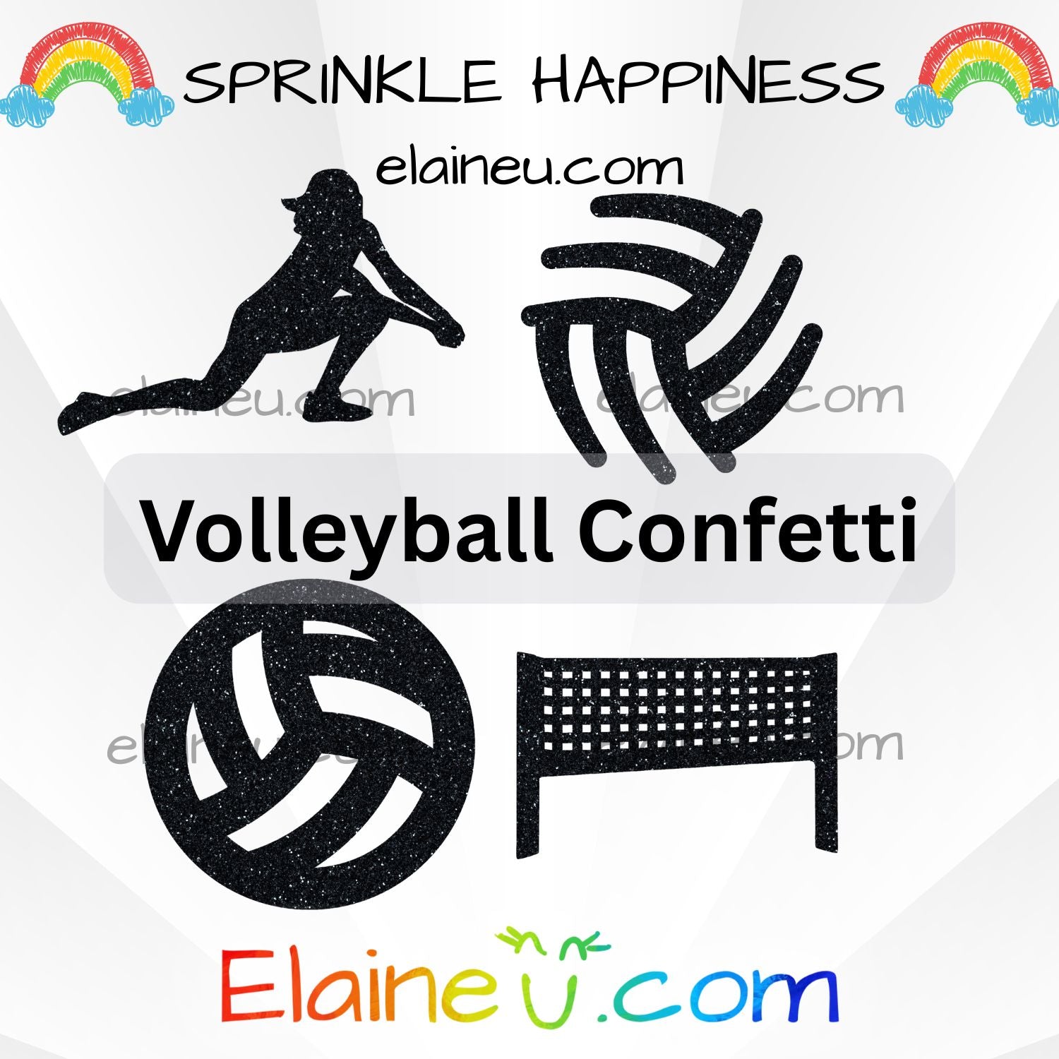 Volleyball-themed confetti cutouts with 'Sprinkle Happiness' and 'Elaineéu.com' branding.