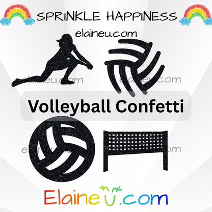 Volleyball-themed confetti cutouts with 'Sprinkle Happiness' and 'Elaineéu.com' branding.