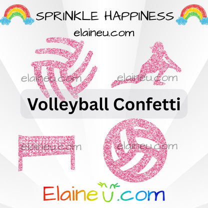 Volleyball confetti with 'Sprinkle Happiness' and 'Elaineéñ.com' text on a white background.
