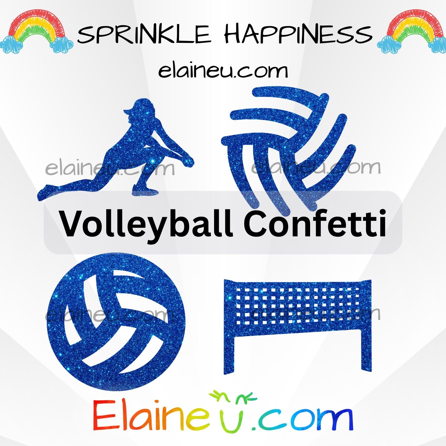Volleyball confetti set featuring volleyball outlines, net, player silhouette, and ball line designs. Made from durable cardstock in white, gold, and team colors. Perfect for volleyball birthdays, tournaments, and sports parties. Contains small parts – keep out of reach of children. Sizes shown not to scale.