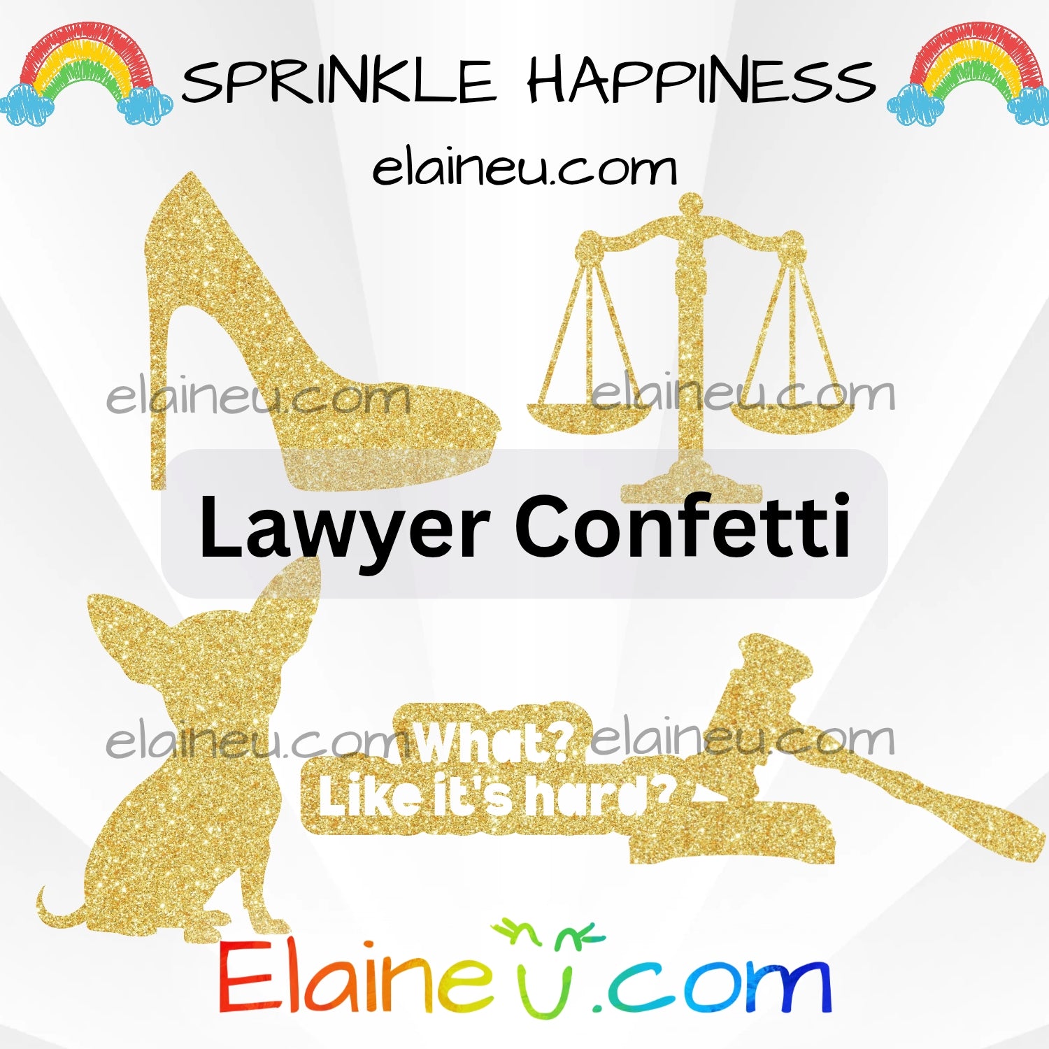 Lawyer confetti set featuring high heels, chihuahua, scales of justice, gavel, and the phrase “What, like it’s hard?”. Made from premium cardstock in pink, gold, and black tones. Perfect for law graduations, attorney parties, or legal-themed celebrations. Contains small parts – keep out of reach of children. Sizes not to scale