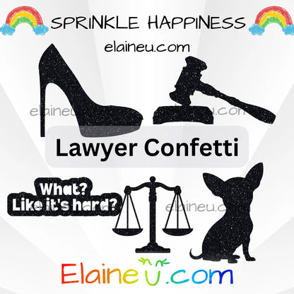 Silhouettes of a high heel, gavel, dog, and scales with text 'Sprinkle Happiness' and 'Elaineéu.com' on a white background.