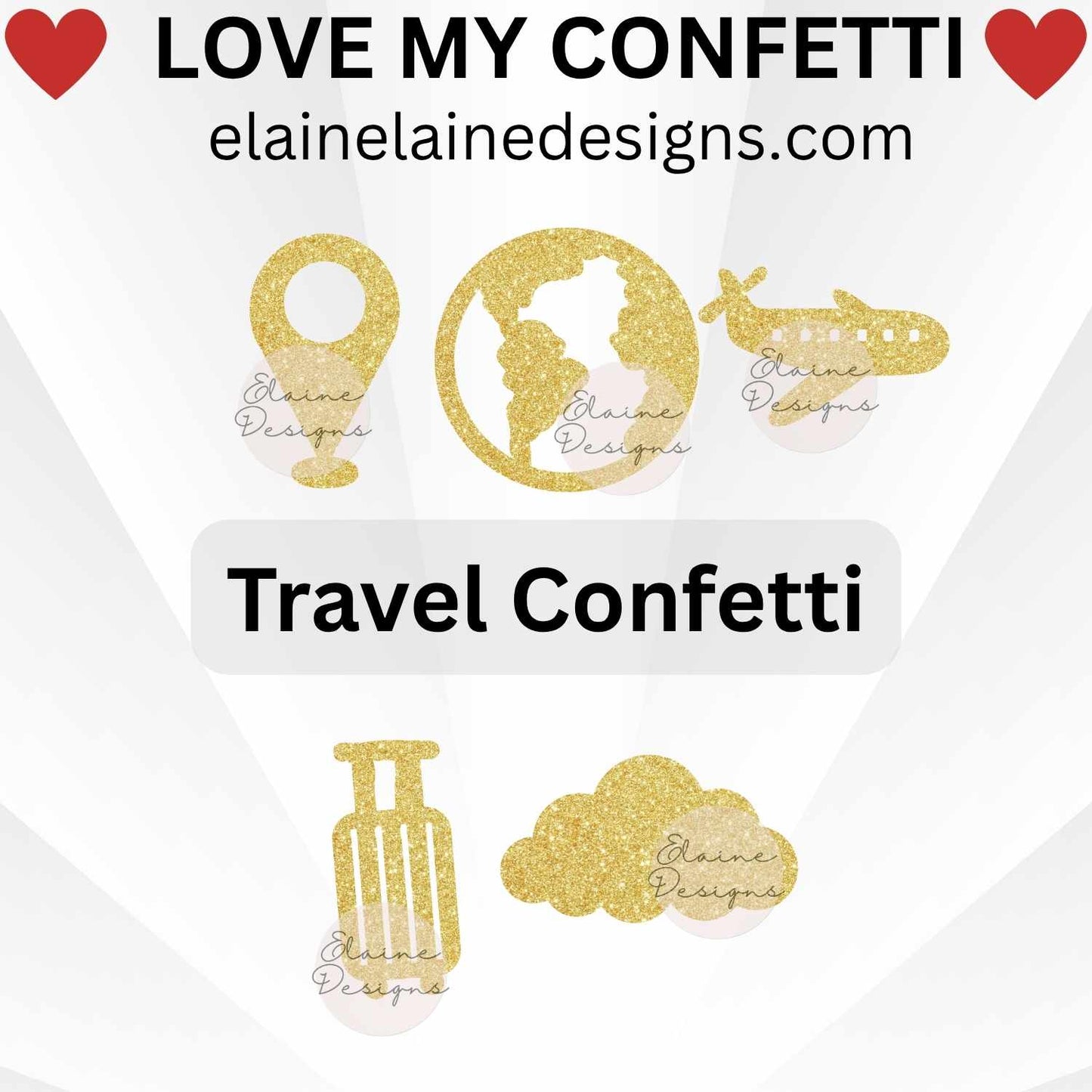 Travel confetti set featuring airplane, clouds, earth, travel pin, and suitcase shapes, cut from premium glitter cardstock in pink, gold, blue, and black. Perfect table scatter for travel-themed parties, bon voyage celebrations, destination weddings, scrapbooks, or DIY crafts. Adds a sparkling wanderlust touch to invitations, party décor, and creative projects.