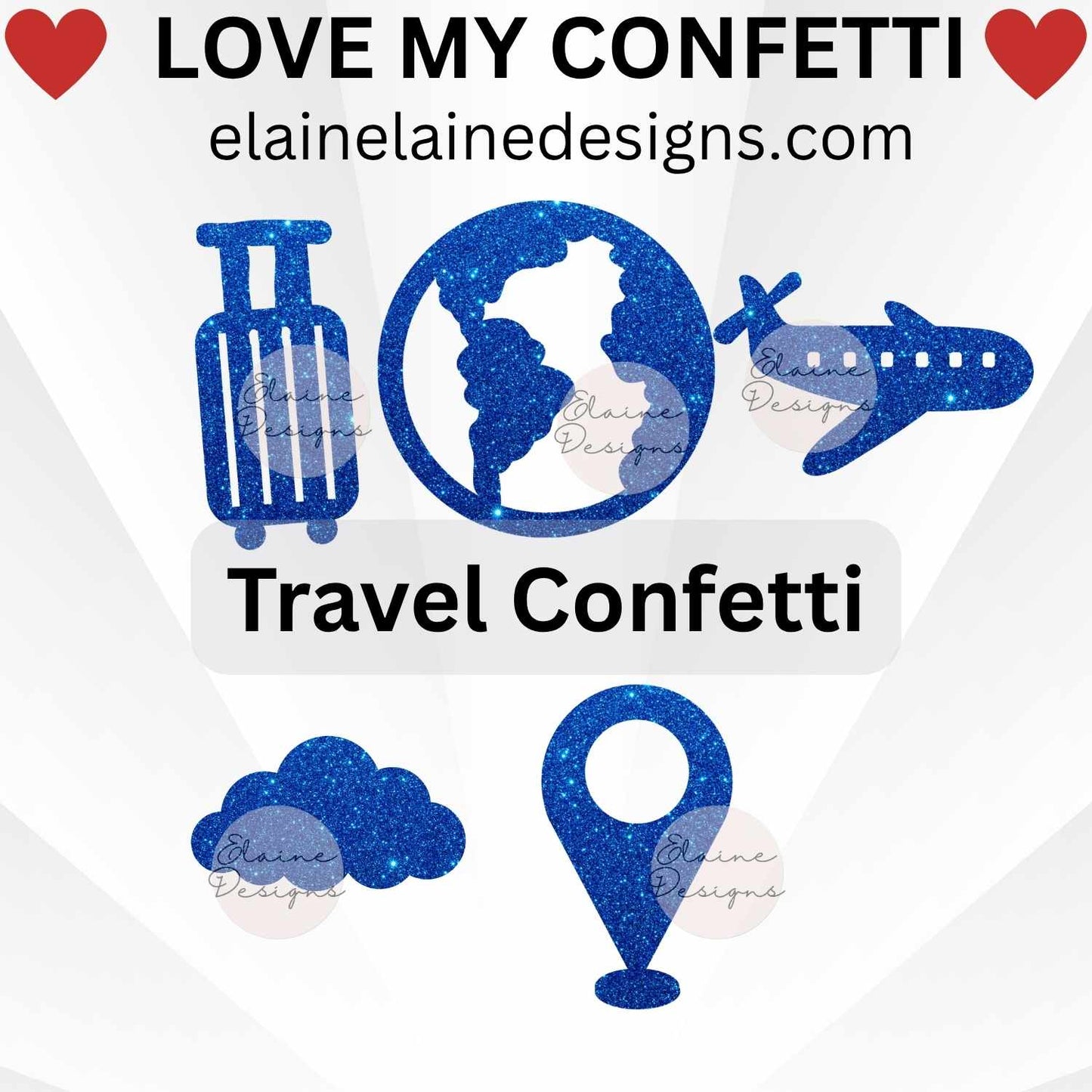 Travel confetti set featuring airplane, clouds, earth, travel pin, and suitcase shapes, cut from premium glitter cardstock in pink, gold, blue, and black. Perfect table scatter for travel-themed parties, bon voyage celebrations, destination weddings, scrapbooks, or DIY crafts. Adds a sparkling wanderlust touch to invitations, party décor, and creative projects.