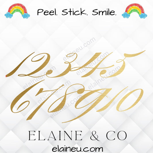 Gold cursive numbers on a white background with 'Elaine & Co' branding.