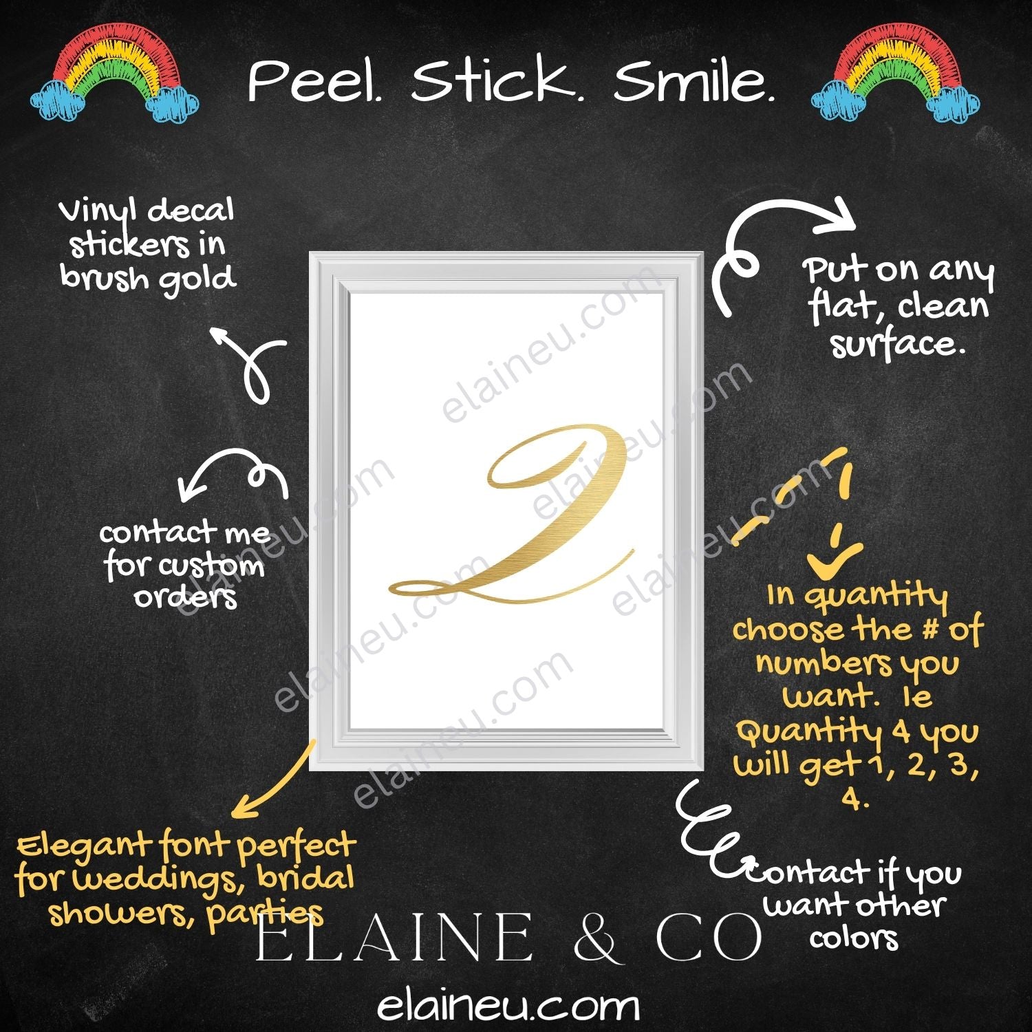 Brushed gold vinyl number decals featuring shiny metallic gold finish. Perfect for wedding table numbers, birthdays, parties, and event decor. Made from waterproof, UV-resistant vinyl. Easy to apply on glass, acrylic, or wood surfaces. Choose your quantity and customize your numbers.