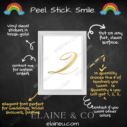 Brushed gold vinyl number decals featuring shiny metallic gold finish. Perfect for wedding table numbers, birthdays, parties, and event decor. Made from waterproof, UV-resistant vinyl. Easy to apply on glass, acrylic, or wood surfaces. Choose your quantity and customize your numbers.