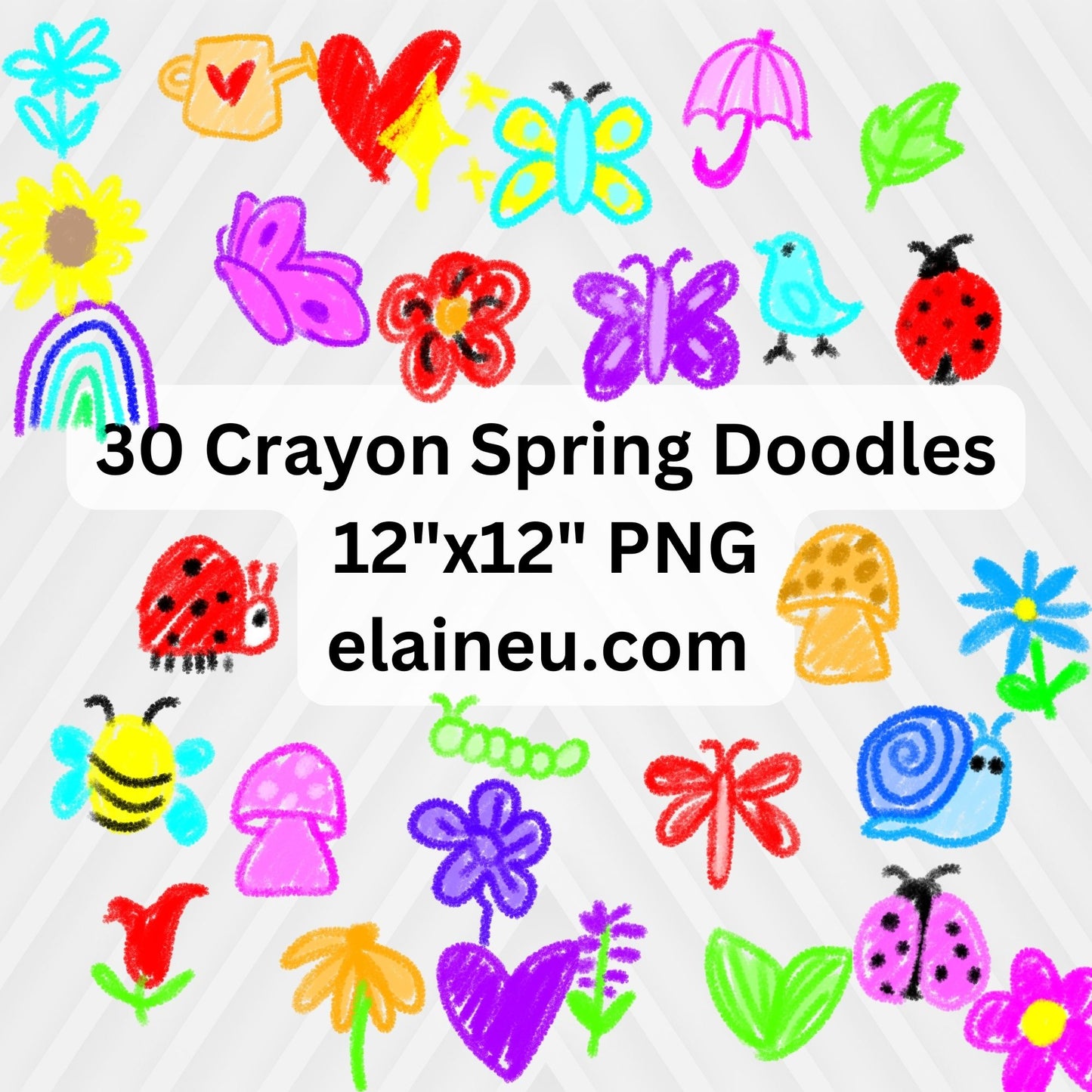 handdrawn crayon clipart for spring - ladybug, butterflies, bees, hearts, flowers, mushrooms, rainbow, leafs, bird