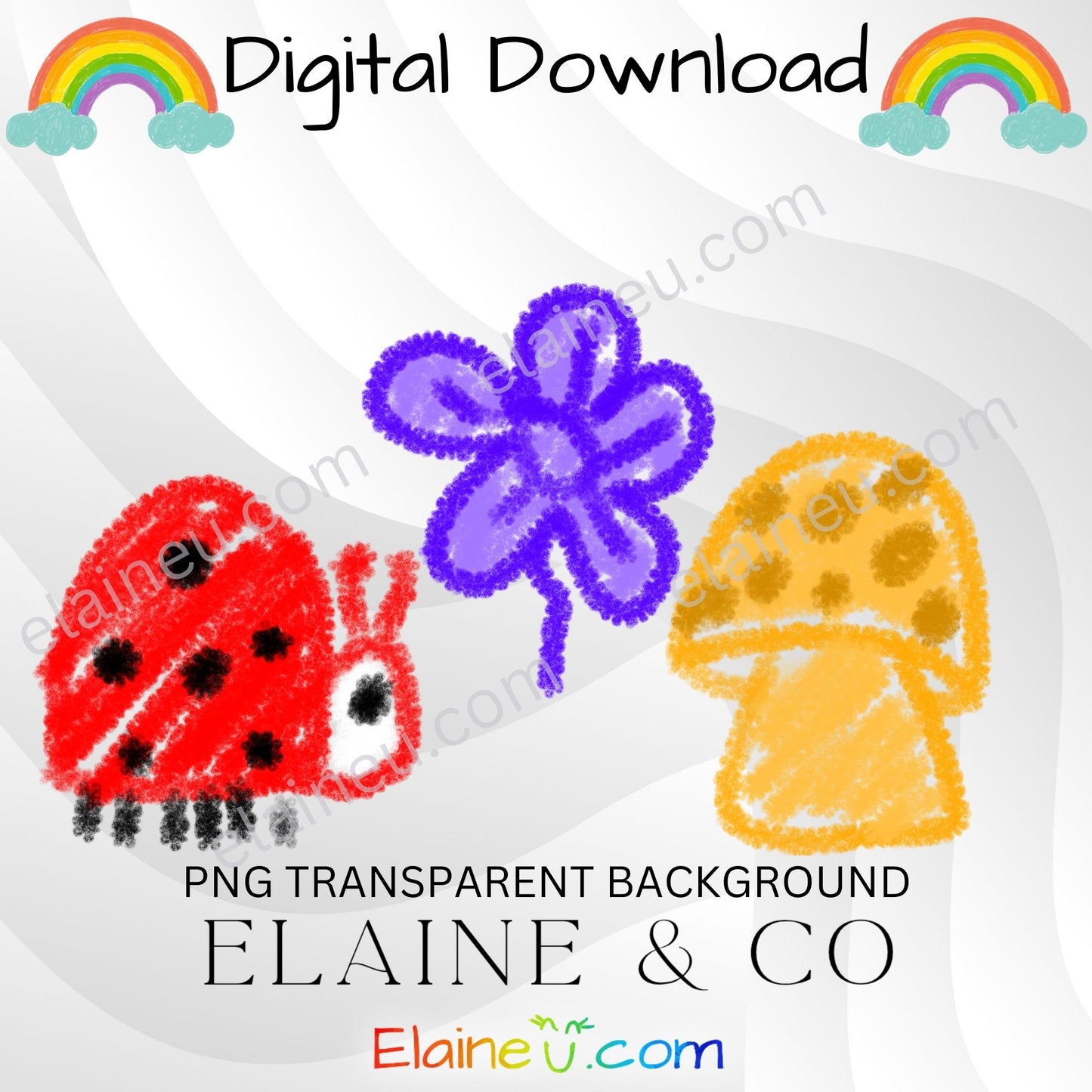 handdrawn crayon clipart for spring - ladybug, butterflies, bees, hearts, flowers, mushrooms, rainbow, leafs, bird