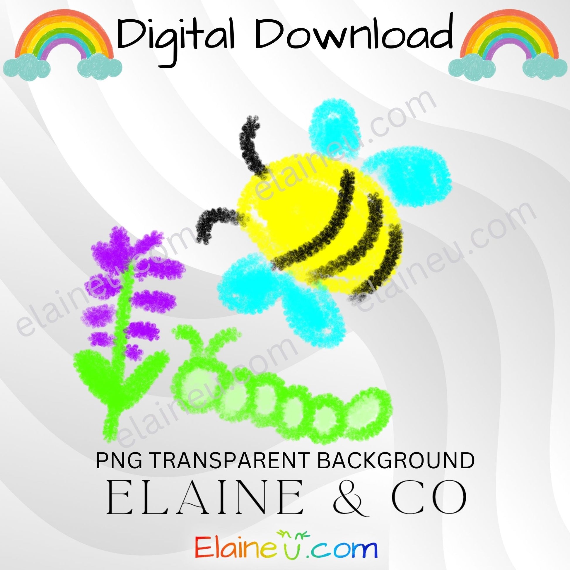 handdrawn crayon clipart for spring - ladybug, butterflies, bees, hearts, flowers, mushrooms, rainbow, leafs, bird