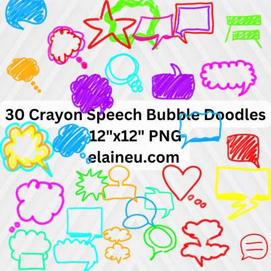 Colorful crayon speech bubble doodles on a white background with text overlay.