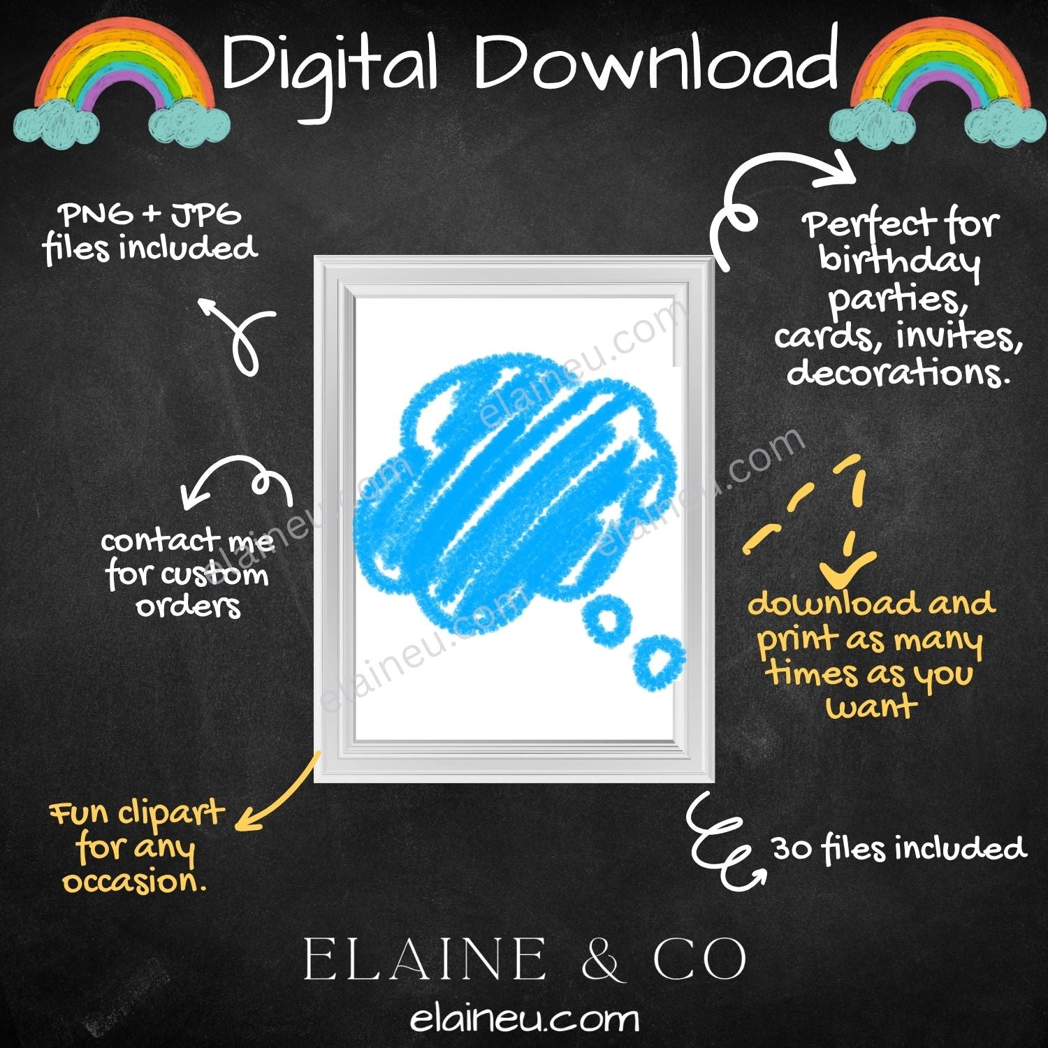 Promotional graphic for a digital download with a blue thought bubble and frame on a blackboard-style background.