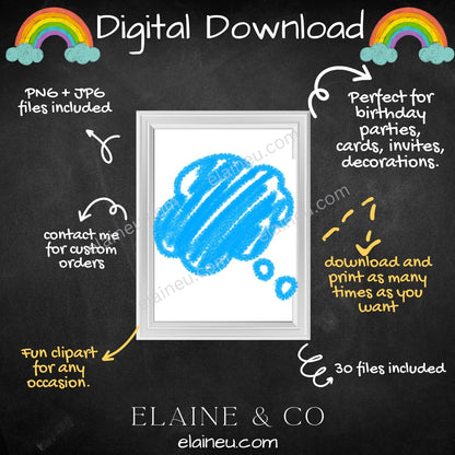 Promotional graphic for a digital download with a blue thought bubble and frame on a blackboard-style background.