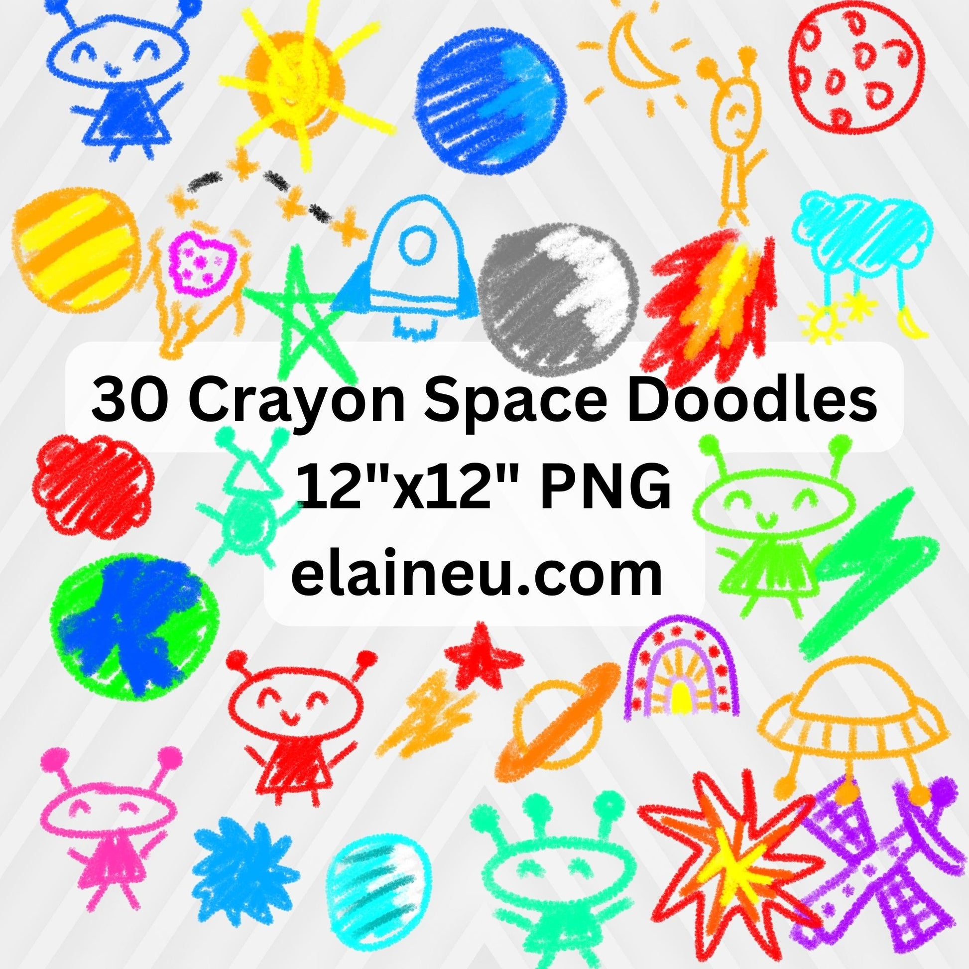 handdrawn crayon doodles space themed.  30 different space shapes including aliens, spaceships, planets, stars, moon, rainbows and more.