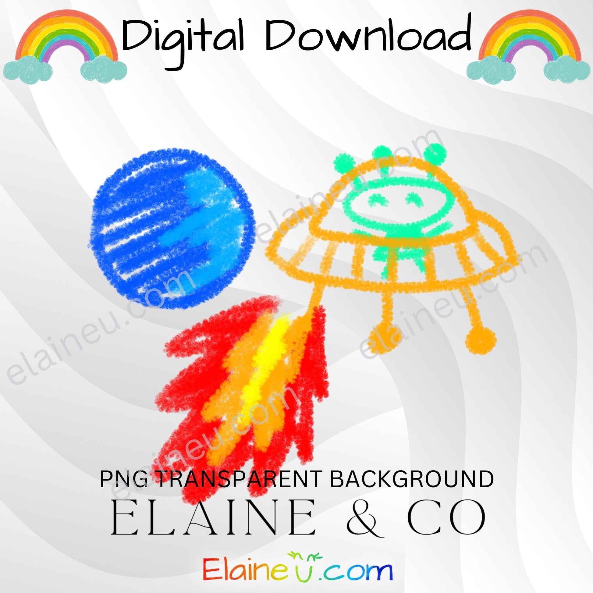 handdrawn crayon doodles space themed.  30 different space shapes including aliens, spaceships, planets, stars, moon, rainbows and more.