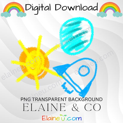 handdrawn crayon doodles space themed.  30 different space shapes including aliens, spaceships, planets, stars, moon, rainbows and more.